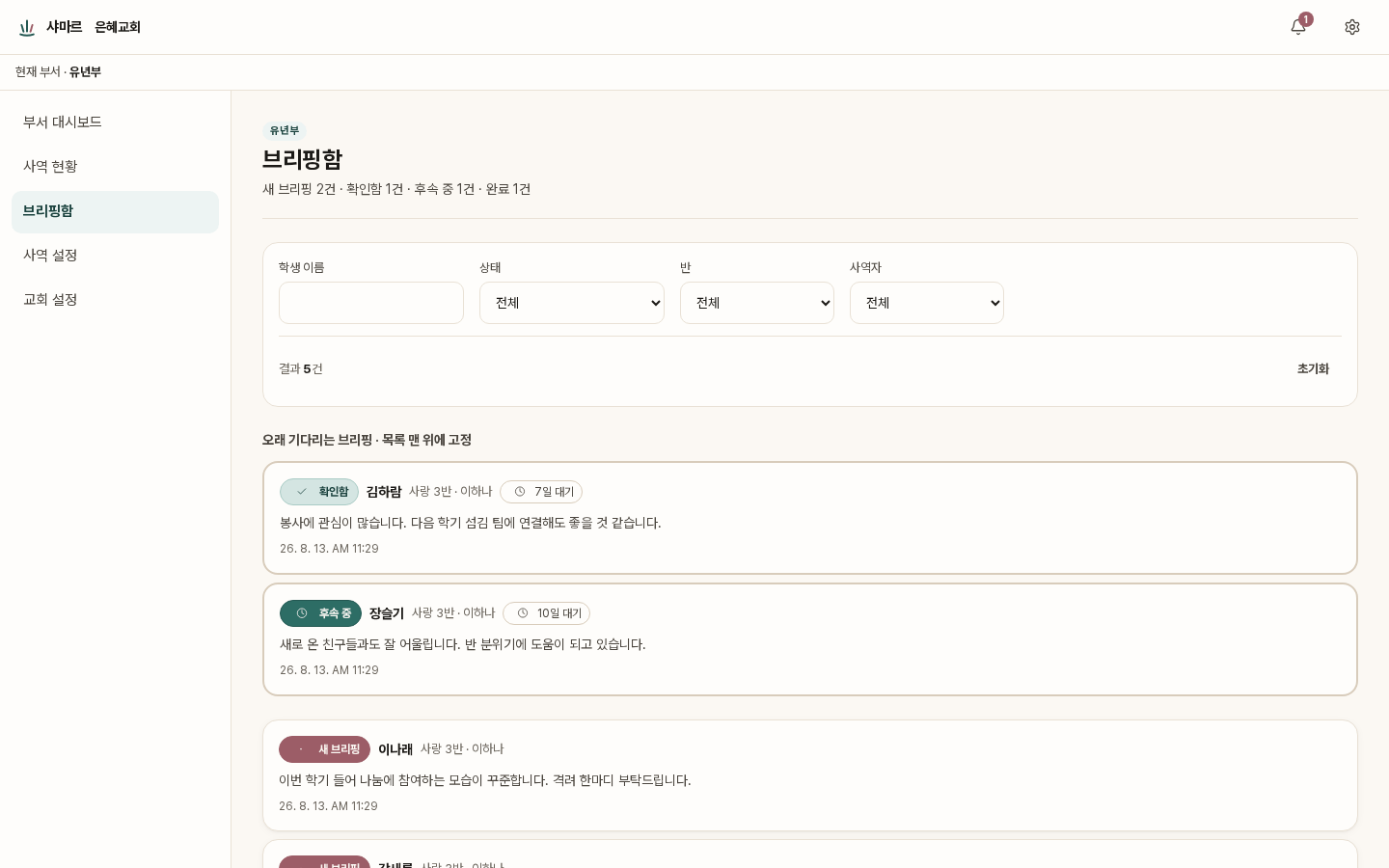 샤마르 교역자 브리핑함. 사역자가 보낸 브리핑이 상태별 필터와 함께 목록으로 놓이고, 각 항목에 학생 이름과 반, 보낸 날짜가 표시된다.